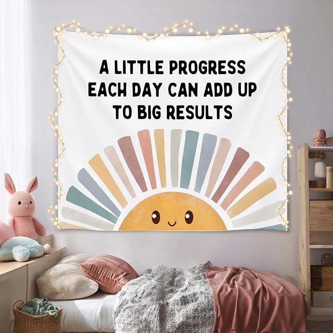 Positive Wall Tapestry-A Little Progress Each Day Inspirational Banner,Soft Flannel Wall Tapestry Decor for Bedroom,Kids Room Decor,Birthday Party Wall Art Decoration 51x59 Inch (Colorful-Progress)