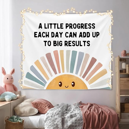 Positive Wall Tapestry-A Little Progress Each Day Inspirational Banner,Soft Flannel Wall Tapestry Decor for Bedroom,Kids Room Decor,Birthday Party Wall Art Decoration 51x59 Inch (Colorful-Progress)
