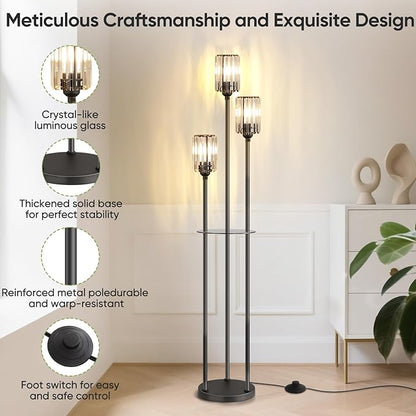 Crystal Floor Lamp for Living Room with Shelves, Industrial Modern Standing Black Lamp with Table for Bedroom, Glass Vintage Unique Tall 3-Lights Fancy Lamp with ON/Off Foot Switch