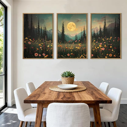 ANHUIB Moon Forest Wildflower Wall Art, Moonlit Pine Tree Wall Decor Dark Mountain Paintings Set of 3 for Living Room Bedroom Dining Room 16x24 Inch