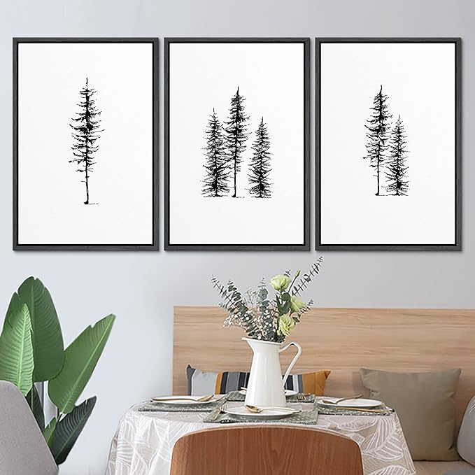 SIGNLEADER Framed Canvas Print Wall Art Three Pine Tree Portraits Nature Flower Drawings Modern Art Zen Scenic Relax/Calm Black and White for Living Room, Bedroom, Office - 24"x36"x3 BLACK