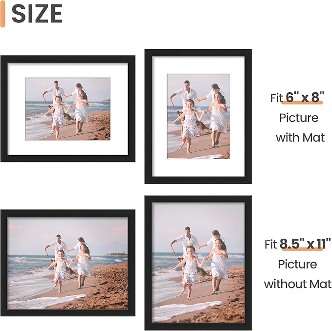 upsimples 8.5x11 Picture Frame Set of 3, Made of High Definition Glass for 6x8 with Mat or 8.5x11 Without Mat, Wall and Tabletop Display Photo Frames, Black