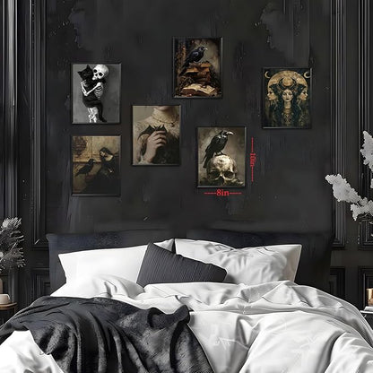 XYHYRA Vintage Gothic Wall Art Set of 6, Dark Academia Witchy Posters, Victorian Raven & Skull Prints, Halloween Home Decor for Living Room Bedroom Bathroom 8x10 Inch Unframed