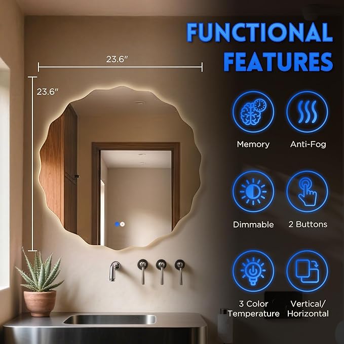 Dorlicecass Round Led Bathroom Mirror- 24" Wavy Vanity Mirror with Lights IP54 Enhanced Anti-Fog,Single Piece 3 Colors Dimmable, Memory,Tempered Glass,UL Listed