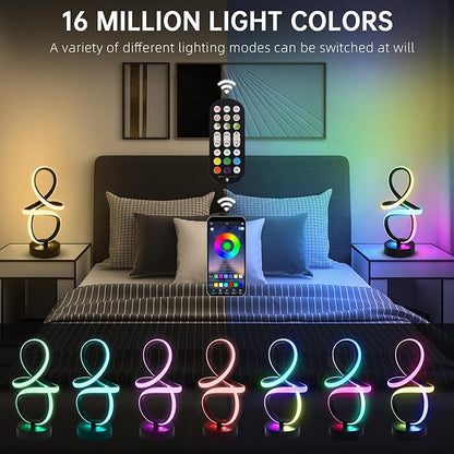 EIDISUNY Modern RGB Table Lamps, Multicolor Changing Spiral Bedside Lamp with Remote&APP, Cool Table Lamp, Dimmable LED Nightstand Lamp with Music Rhythm Modes for Bedroom, Living Room, Black(2 Pack)
