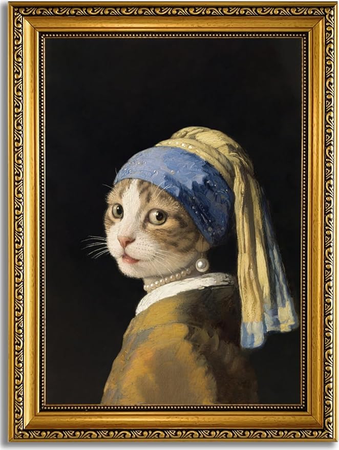 YD&YZY Gold Framed Funny Cat Wall Art Canvas Girl with a Pearl Earring Cat Wall Decor Unique Cute Animal Painting Picture Print Artwork for Bedroom Living Room Bathroom 12x16 inch Framed