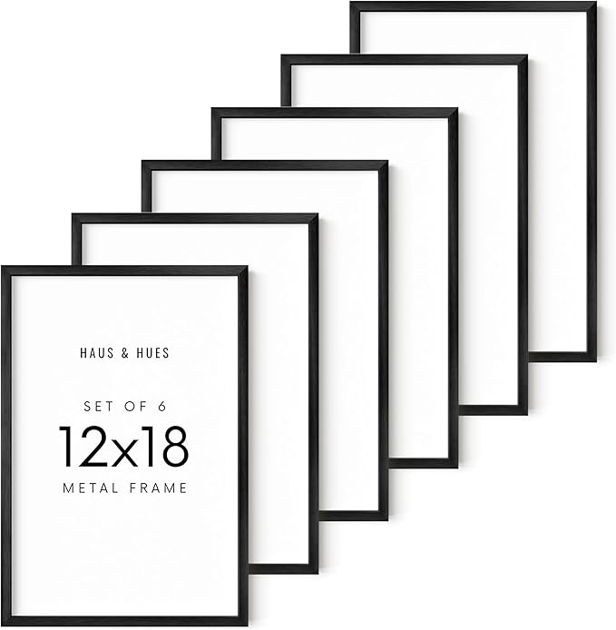 HAUS AND HUES 12x18 Black Metal Picture Frames - Features Premium Aluminum & Hanging Hardware, Shatterproof Plexiglass - Ideal for Home, Room, Office (12x18 in, Black, Set of 6)