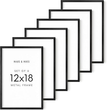 HAUS AND HUES 12x18 Black Metal Picture Frames - Features Premium Aluminum & Hanging Hardware, Shatterproof Plexiglass - Ideal for Home, Room, Office (12x18 in, Black, Set of 6)