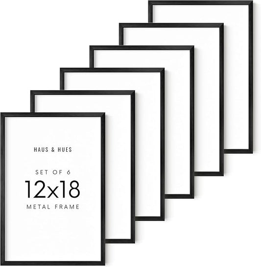 HAUS AND HUES 12x18 Black Metal Picture Frames - Features Premium Aluminum & Hanging Hardware, Shatterproof Plexiglass - Ideal for Home, Room, Office (12x18 in, Black, Set of 6)