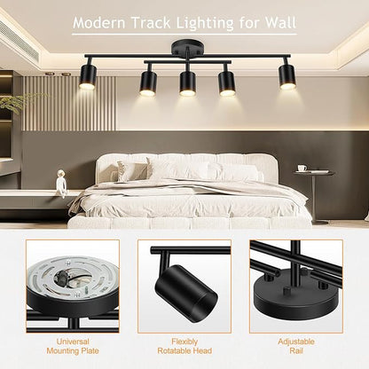 BoostArea 5 Light Track Lighting Kit, Black 5 Way Ceiling Spot Lighting, Center Swivel Track Light Heads, Flexibly Rotatable Light Head for Kitchen, Living Room, Bedroom, GU10 Bulb Not Included