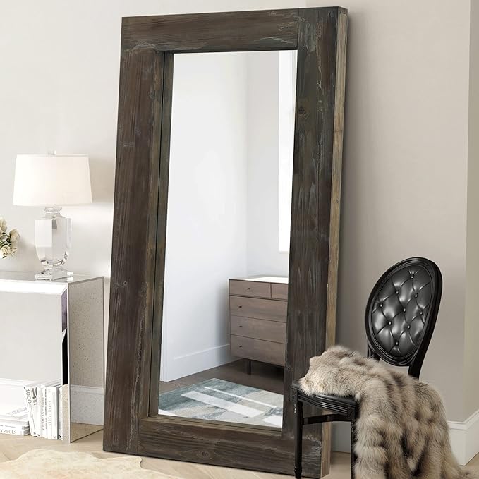 NeuType Floor Mirror Full Length, 71x32in Rustic Wood Frame Full Body Dressing Mirror, Wall-Mounted or Leaning Against Wall Standing Mirror, Farmhouse Decor for Bedroom Living Room,Retro Brown