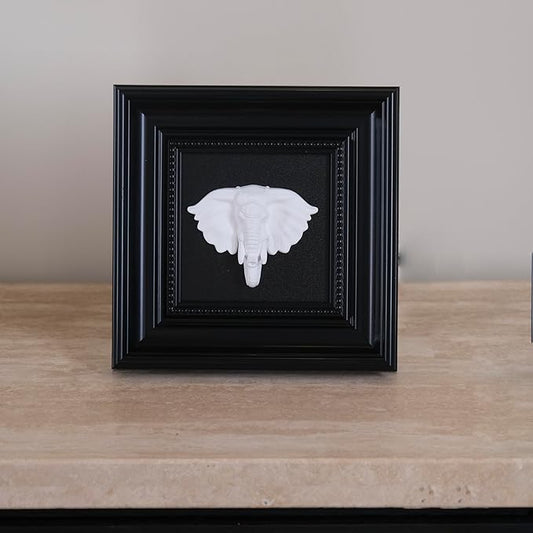 Bergamot Elephant Head Wall Art with Black Frame, 3D Animal Head Wall Sculpture for Bedroom, Living Room, Office, Shelf & Entryway Wall Decoration (8.7" x 8.7")
