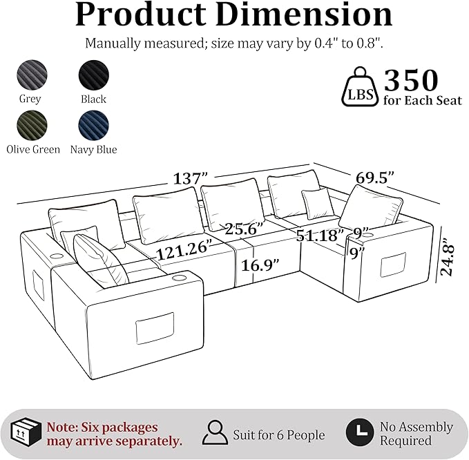 137'' U-Shaped Cloud Modular Sectional Sofa, Modern Corduroy Memory Foam Couch with Cup Holders, Upholstered Boneless Deep Seat Fluffy 6-Seater Sofa, No Assembly Needed, Olive Green, for Living Room