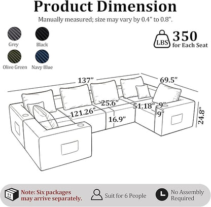 137'' U-Shaped Cloud Modular Sectional Sofa, Modern Corduroy Memory Foam Couch with Cup Holders, Upholstered Boneless Deep Seat Fluffy 6-Seater Sofa, No Assembly Needed, Olive Green, for Living Room