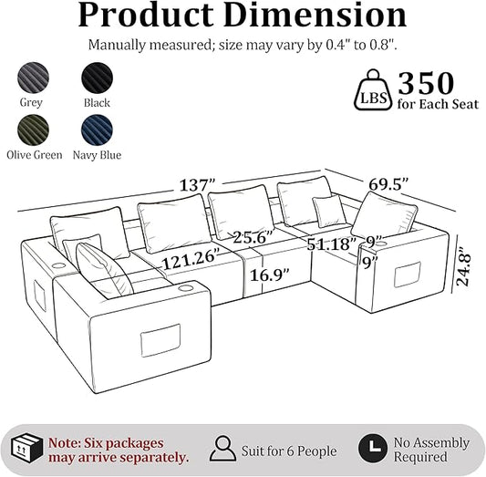 137'' U-Shaped Cloud Modular Sectional Sofa, Modern Corduroy Memory Foam Couch with Cup Holders, Upholstered Boneless Deep Seat Fluffy 6-Seater Sofa, No Assembly Needed, Olive Green, for Living Room