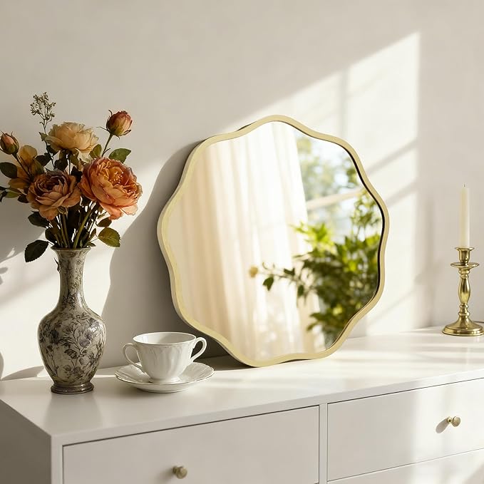 HOMECOOKIN 20" Wavy Round Wall Mirror, Gold Scalloped Circle Mirror Edge Round with Metal Frame, Modern Decorative Hanging/Leaning Mirrors for Bathroom, Hotels, Hallway, Entryway, Vanity, Office