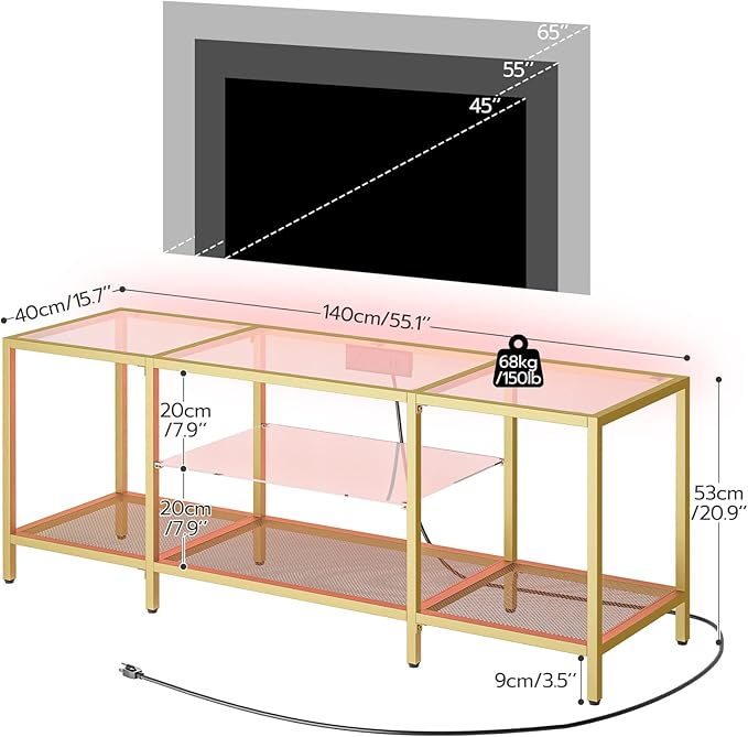 HOOBRO TV Stand with LED Lights and Power Outlets for TVs up to 65", Modern 55 Inch Tempered Glass TV Console Table with Open Shelves, Media Entertainment Center for Living Room, Gold GD145UDS01
