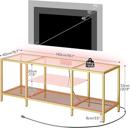 HOOBRO TV Stand with LED Lights and Power Outlets for TVs up to 65", Modern 55 Inch Tempered Glass TV Console Table with Open Shelves, Media Entertainment Center for Living Room, Gold GD145UDS01