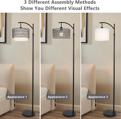 eyassi Floor Lamps for Living Room, Arc Standing Lamp with Remote & Dimmable Bulb, Boho Rattan Floor Lamp for Bedroom with 3 Color Temperatures, Farmhouse Tall Lamp, Height Adjustable Stand up Lamp