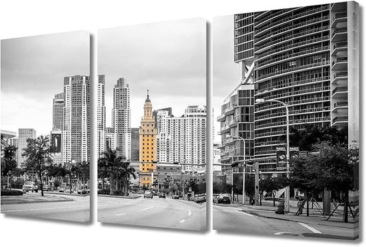 TUMOVO Miami Cityscape Wall Decor 3 Piece City Skyscrapers Skyline Pictures Wall Decor Living Room American Cityscape Modern Artwork Print on Canvas Ready to Hang (36" Wx24 H)