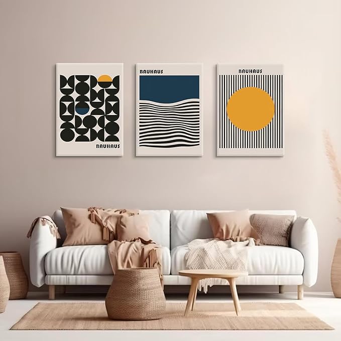 3Pcs Bauhaus Style Wall Art Bohemian Abstract Wall Decor Minimalist Canvas Mid Century Moderngeometry Poster Prints Painting Picture Suitable for Living Room Bedroom （16x24 Canvas）