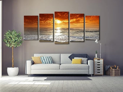 Wieco Art Grand Sight Extra Large 5 Panels Modern Landscape Artwork HD Seascape Giclee Canvas Prints Sea Beach Pictures to Photo Paintings on Canvas Wall Art for Home Decorations Wall Decor