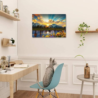 SKASNFAI Grand Teton National Park Wall Art Sunflower Landscape Canvas Mountain Artwork Landscape Print for Living Room Framed (20x30 inch)