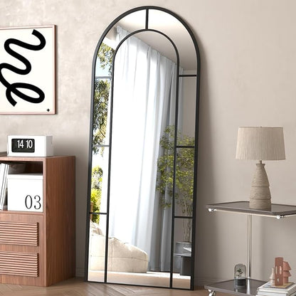 Rowjut Arched Wall Mirror 56" x 22" Window ＆ Wall Decorative Mirror, Iron Framed Window Pane Mirrors, Arched Top Wall Mirror for Entryway Living Room, Bedroom, Fireplace (Black)