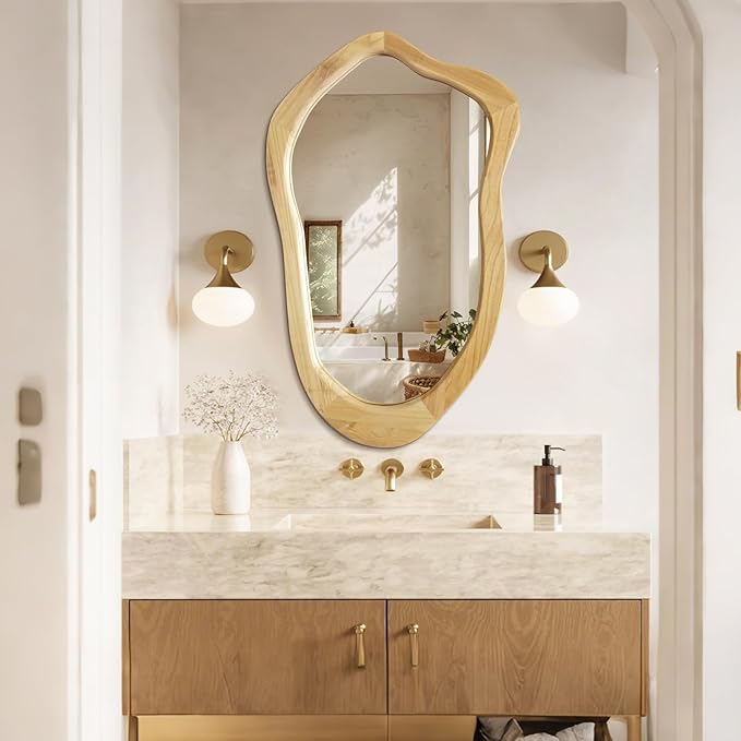 40"x24" Irregular Wall Mirror, Solid Asymmetrical Mirror, Wood Bathroom Mirrors Wall Mounted, Wall Mirrors Decorative for Living Room, Bedroom, Bathroom, Hallway, Entryway