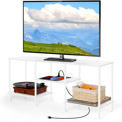 White TV Stand Bedroom with Power Outlets, Small Entertainment Center Stand with Open Storage Shelves for TVs up to 50 Inch, Wood TV Media Console Table with for Living Room, Bedroom