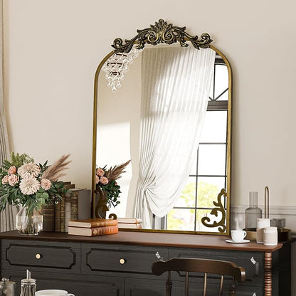 Koonmi Vintage Mirror, 26x38 Wall Mounted Vanity Mirror, Tempered Glass, Detachable Flower Head, Bronze Antique Decorative Mirror for Bathroom Entryway Fireplace Living Room Hallway