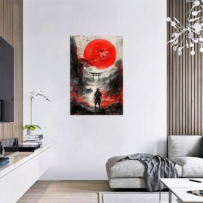 Japan Samurai and Full Moon Pictures Wall Art Japanese Theme Painting Canvas Prints Bushido Posters Japanese Landscape Artwork Home Decor Framed for Living Room Bedroom Office (18''W x 24''H)