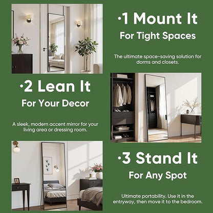 Suidia Full Length Mirror Over the Door&Wall Mounted, 48"x14" Door Mirror with Aluminum Alloy Frame, HD Shatterproof, No-Drill, Hanging Mirrors for Bedroom, Bathroom, Dorm, Closet, Rect, Black