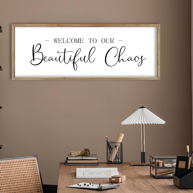 FZMHASLWW Welcome To Our Beautiful Chaos Sign Wall Decor 32"×12" Family Wooden Plaque for Living Room Entryway Hanging Wall Art (Wood)
