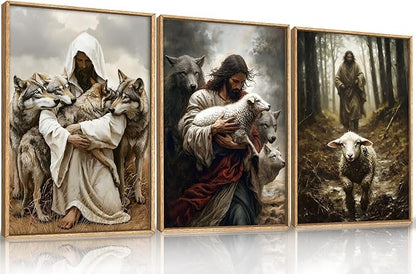 KAIRNE Easter Jesus and Lamb Framed Canvas Wall Art Set,Vintage Christian Wolf Wall Decor,Modern Religious Faith Art Prints,Retro Bible Forest Artwork for Living Room,Bedroom,Church,Office-16 x24 x3