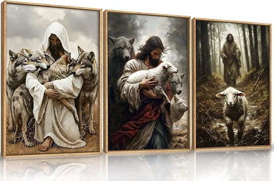 KAIRNE Easter Jesus and Lamb Framed Canvas Wall Art Set,Vintage Christian Wolf Wall Decor,Modern Religious Faith Art Prints,Retro Bible Forest Artwork for Living Room,Bedroom,Church,Office-16 x24 x3