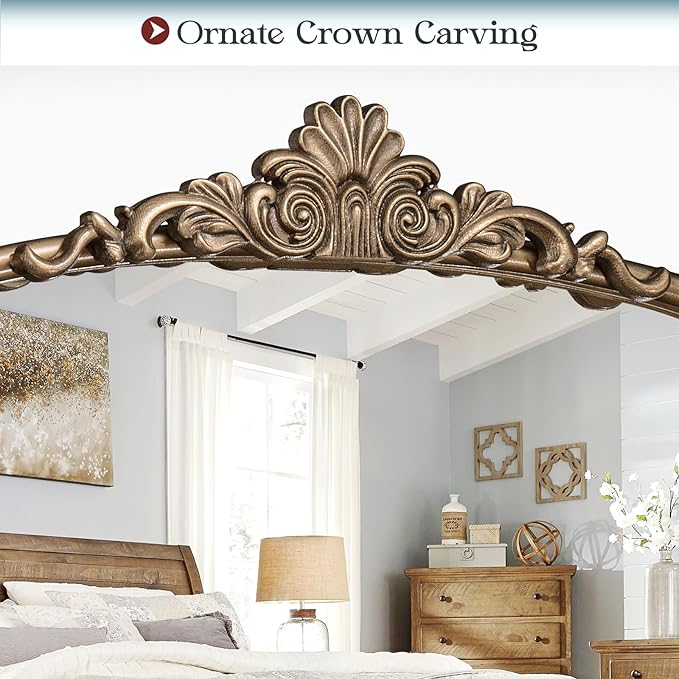 36" x 28" Antique Gold Arched Mirror for Wall, Vintage Brass Bathroom Mirror with Metal Frame, Bronze Ornate Gold Vanity Mirror for Entryway, Mantel, Powder Room