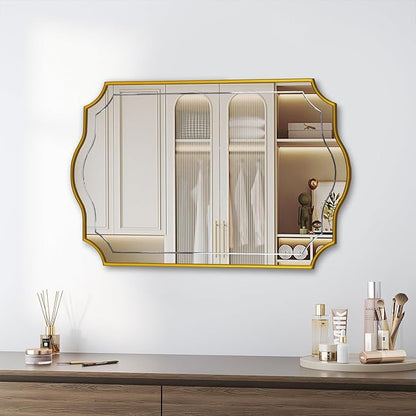 POZINO Gold Scalloped Mirror, 24"x36" Modern Rectangle Aesthetic Mirror with Wood Frame, Irregular Wavy Mirrors for Bathroom Living Room Bedroom Entryway Hallway, Hangs Vertically or Horizontally
