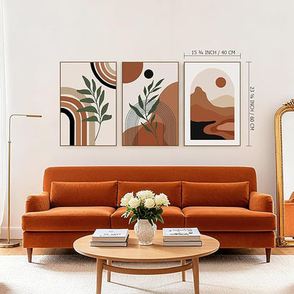SAFERRYHOME Boho Abstract Wall Art, Mid Century Bohemian Wall Decor Framed Canvas Set of 3, Modern Minimalist Artwork Botanical Painting Prints Pictures for Living Room Bedroom Bathroom, 16x24 inch