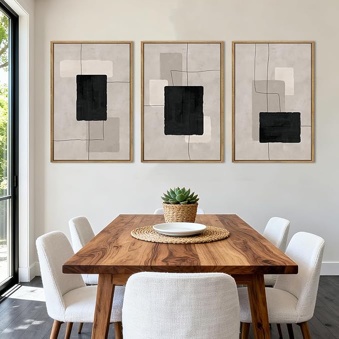 ANHUIB Modern Abstract Wall Art Canvas,Neutral Abstract Wall Art Framed,Contemporary Minimalist Prints,Geometric Line Artwork,3 Piece 24 * 36IN Mid Century Painting for Living Room Bedroom Office