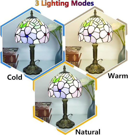 Tiffany Style Table Lamp, 3 Color Temperatures Bedside Lamp, 8 Inch Stained Glass Desk Light for Home Office Bedroom Living Room (4 Flower Pattern)