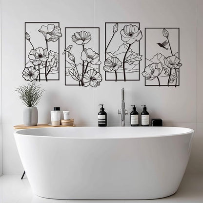 deeinglif Black Metal Wall Art Set of 4, 3D Metal Wall Decor for Living Room Bedroom Bathroom, Abstract Floral Mountain Nature Wall Sculptures, Modern Minimalist Iron Wall Art, 12 x 17 Inch
