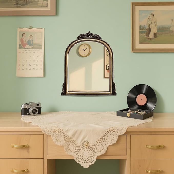 OIGUMR Small Vintage Gold Ornate Baroque Mirror Hanging Mirror Arched Resin Frame Size：15X11 inch