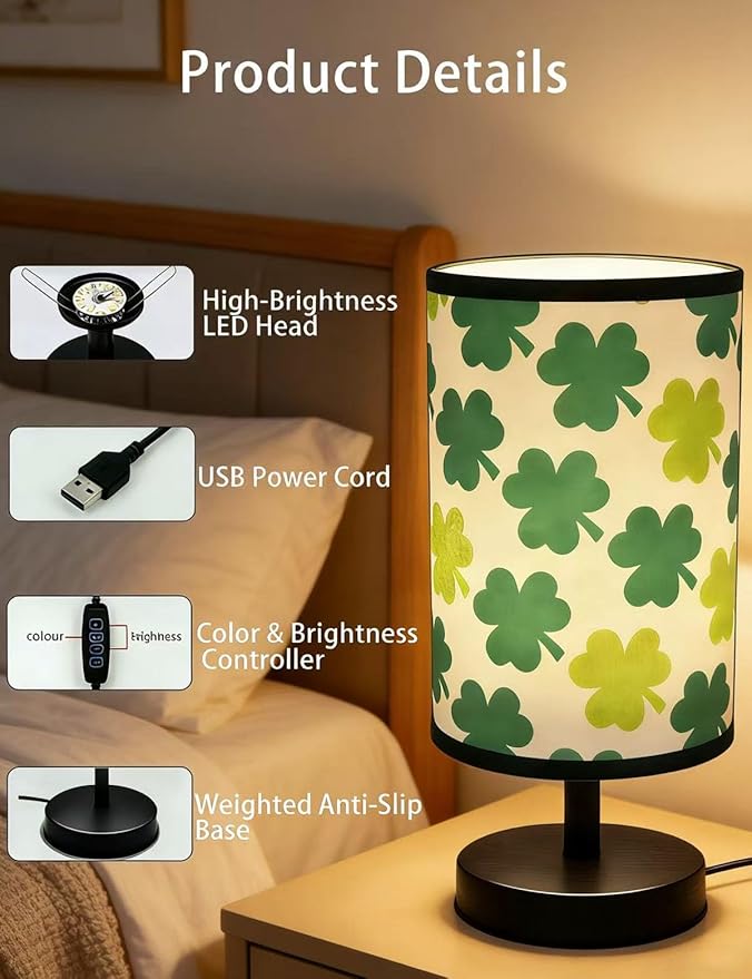 Green Desk Lamp, Clover Bedroom Lamp 3-Color Small Linen Desk Lamp, 10 x 5.12 Inch with Integrated LED, Girls Bedroom Table Lamp - Lucky Shamrocks Gifts for Kids - Decor for Window Room Bedroom