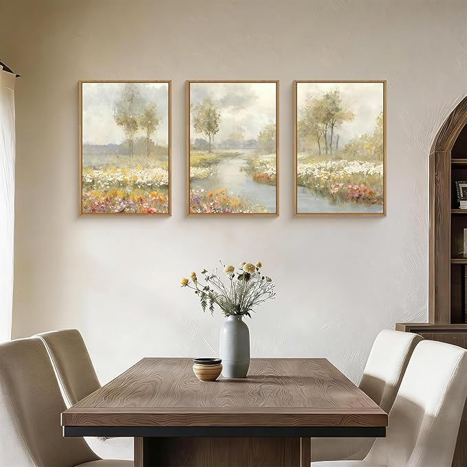 HPNIUB Watercolor Green Landscape Framed Wall Art Set,Nature Wildflowers Wall Decor,Vintage Colorful Floral Art Print,Calming Wilderness Tree Scenery Artwork for Living Room, Bedroom,Office-24 x36 x3