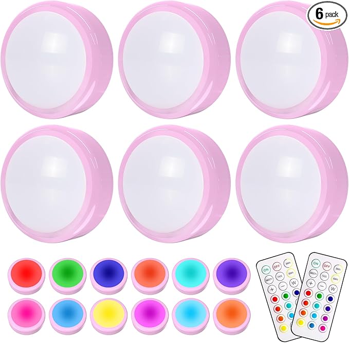 HELPLEX LED Puck Lights with Remote, 6 Pack Color Changing RGBW Stick-On Light, Battery Powered, Dimmable Under Cabinet Lighting with Timer & Memory, Wireless Push Lights for Kitchen & Closet, Pink