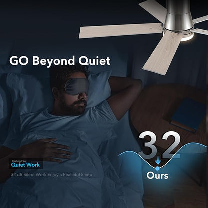 52 Inch Ceiling Fans with Lights and Remote,Flush Mount Brushed Nickel Ceiling Fan,6 Speed Reversible DC Motor, 3CCT Dimmable LED-Low Profile Design for Bedroom, Living room & Covered Outdoor