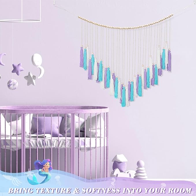 Purple & Blue Macrame Wall Hanging Boho Home Decor, Mermaid Theme Under the Sea Ocean Bedroom Décor Living Room Bohemian Dorm Wall Décor Purple Tassel Pink Wall Décor