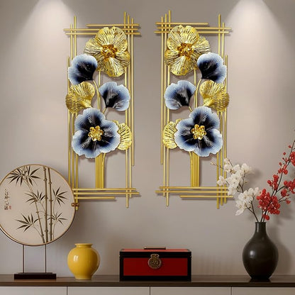 Metal Wall Art Decor 2 Pcs 34" x 15" 3D Wall Sculpture Handmade Golden Ginkgo Leaf Blue Flower Hanging Home Decor Wall Sculpture Modern for Living Room, Bedroom, Dining Room, Office and Hotel Large