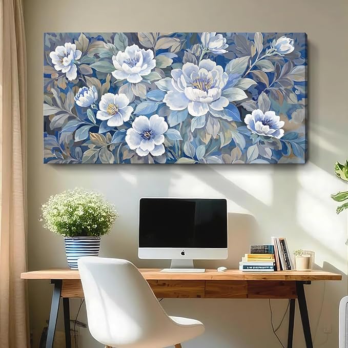 amatop Large Blue White And Gray Canvas Wall Art, Modern Natural Abstract Prints Of Plants For Living Rooms; Unique Blooming Flower Artwork For Bedrooms, Bathrooms, Dining Rooms, And Studies. 48X24In